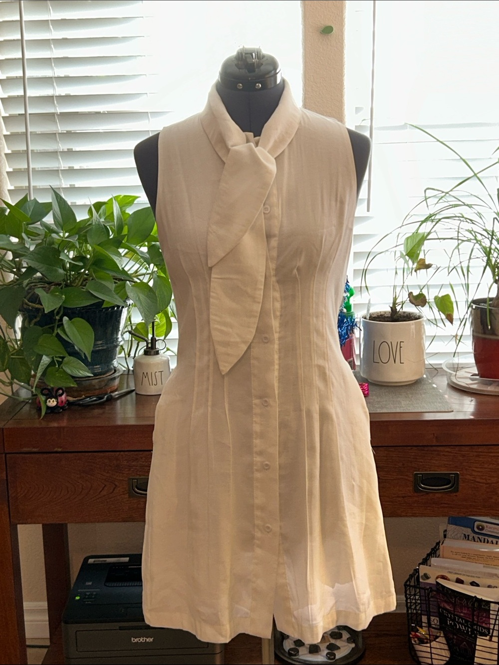 Crescent Sleeveless White Tie-Neck Mini Dress